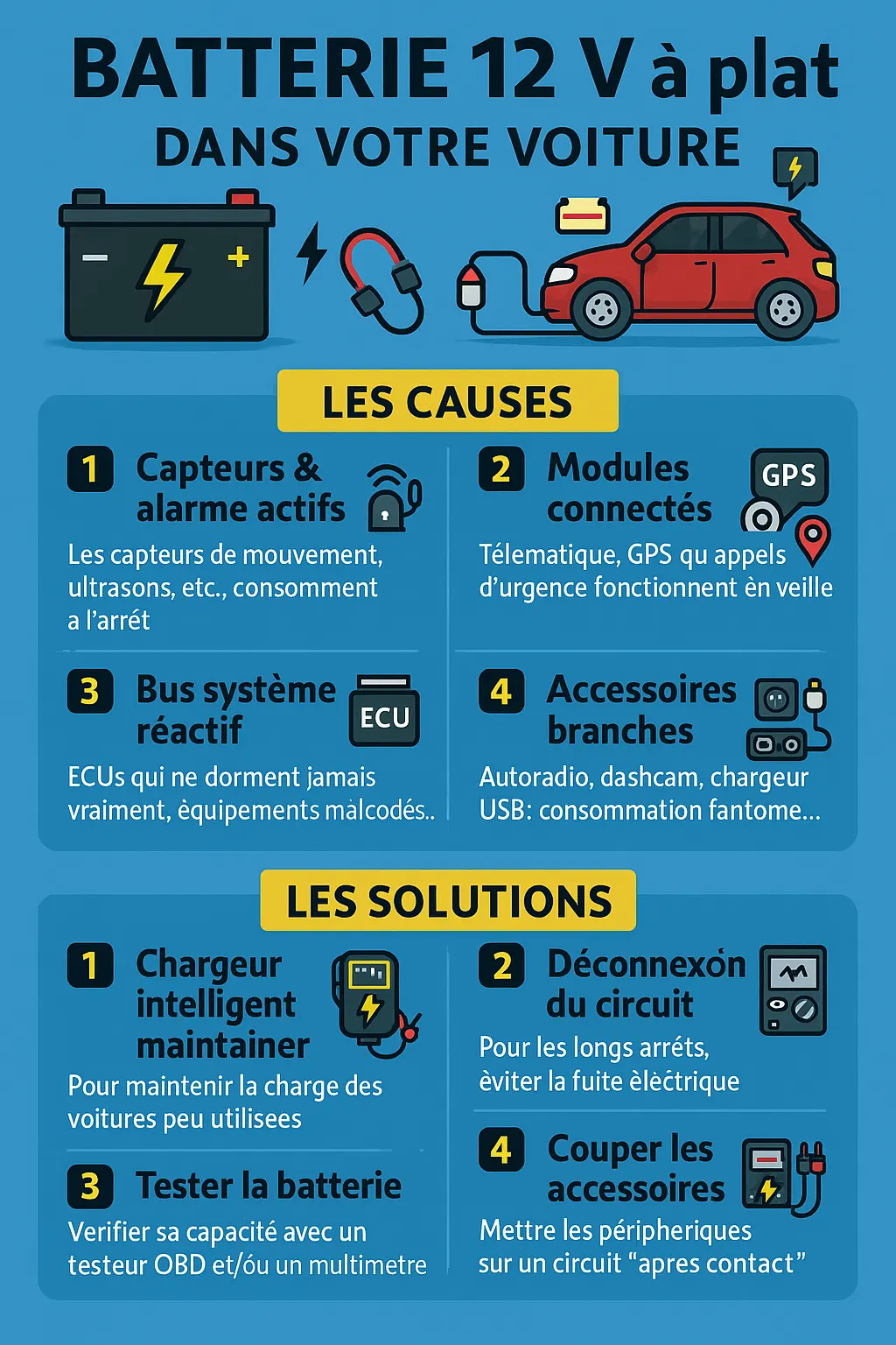 Infographie résumé causes et solutions décharge batterie 12V