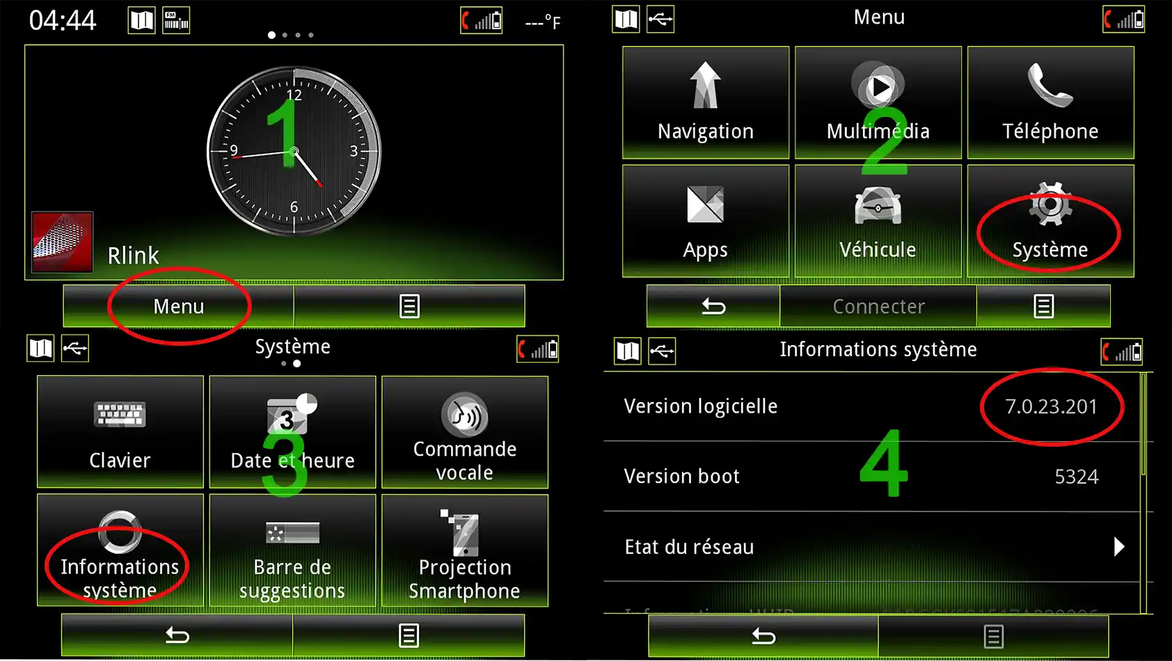 Menu Informations système du R-Link 2 affichant le numéro de version