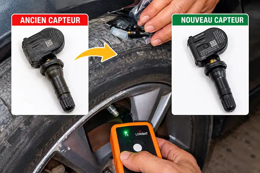 Test d’un capteur TPMS près de la roue avec l’appareil d’activation